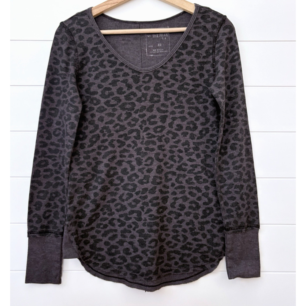 Free People We The Free Leopard Print Waffle Thermal Long Sleeve Top Raw Hem